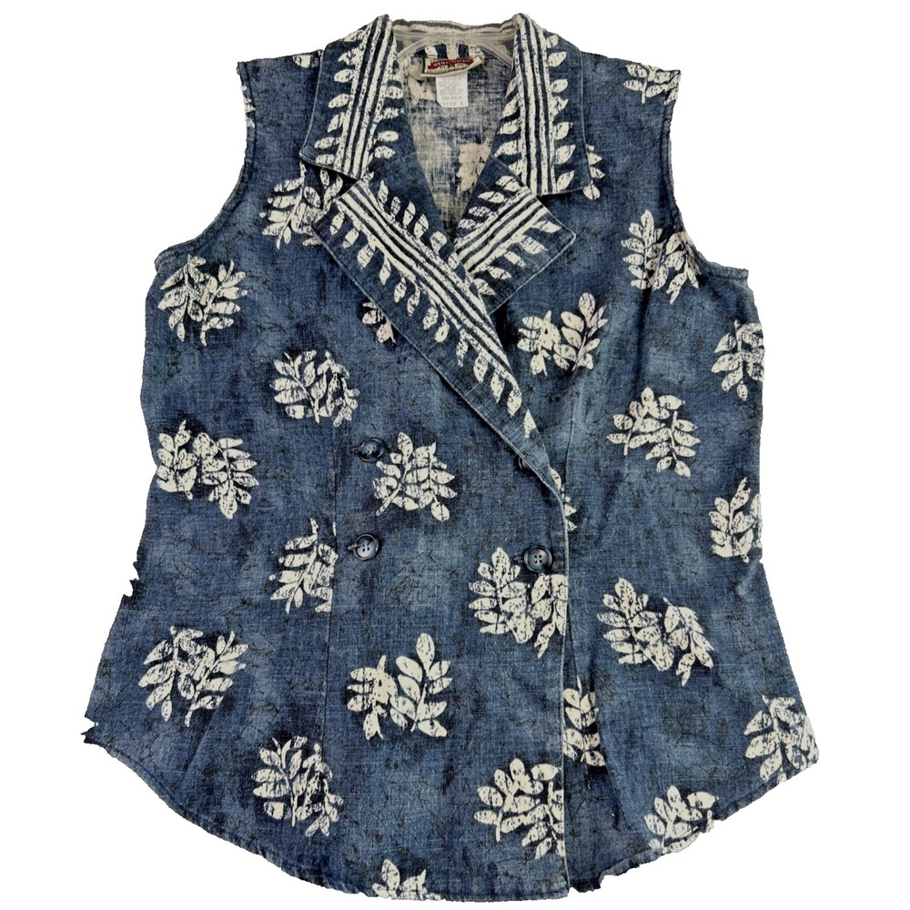 Pine Cove 6 Blue Denim Button Up Top Floral Sleeveless Blouse Western Vintage US